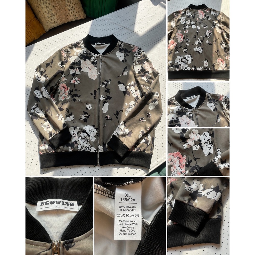 Ecowish Floral Bomber Jacket XL Taupe Pink Black Zip Up Lightweight Stretch